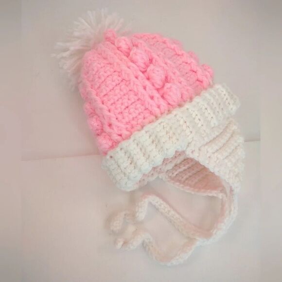 Handmade Pink and white Baby Winter Hat Pom Pom Crochet Ear flaps with ties - Picture 5 of 13